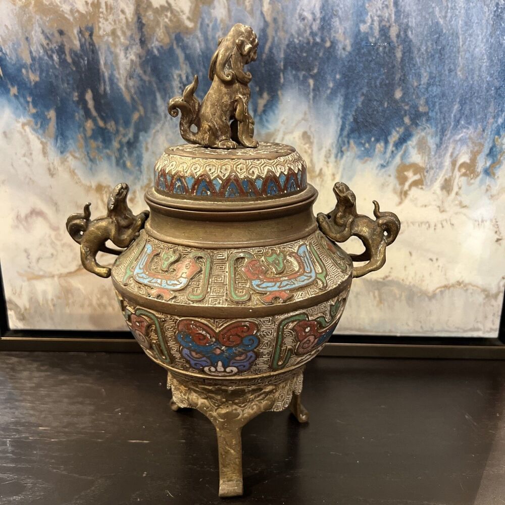 Qianlong Marked Copper Cloisonne Dragon Beast 2 Ear Incense Burner Censer - Picture 7 of 16